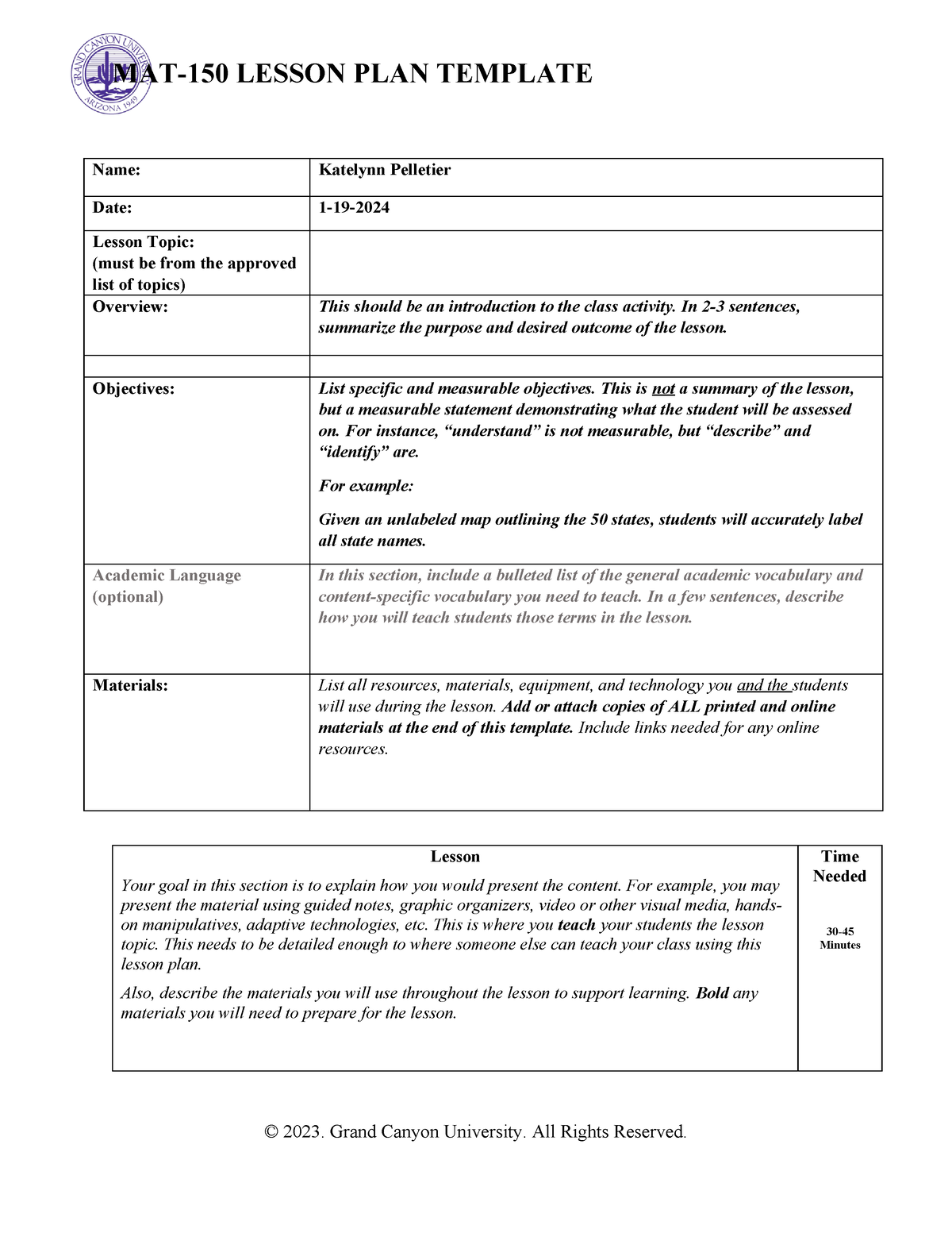 Mat-150. Lesson Plan - Mat-150 Lesson Plan Template Name: Katelynn 