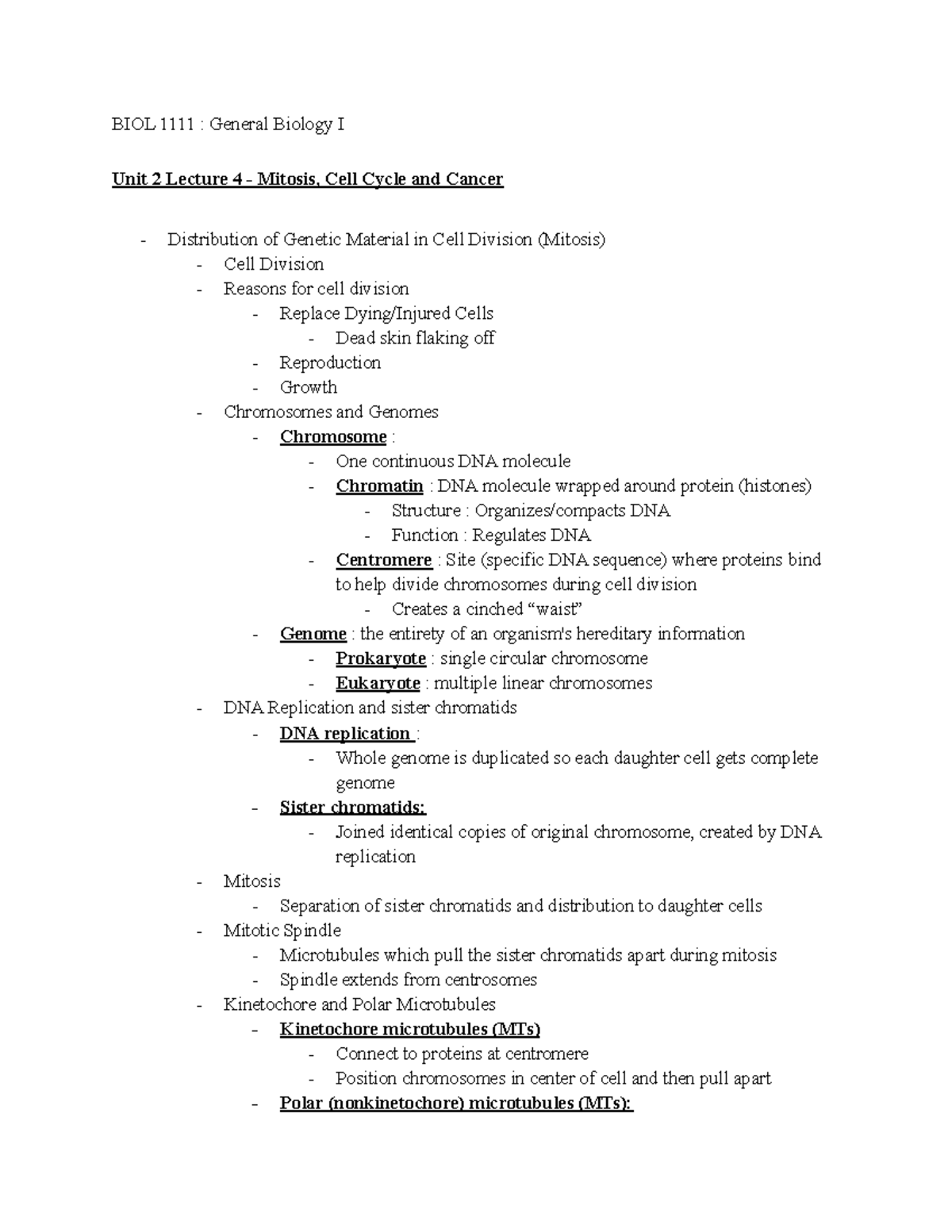 Unit 2 Lecture 4 - Mitosis, Cell Cycle And Cancer - BIOL 1111 : General ...