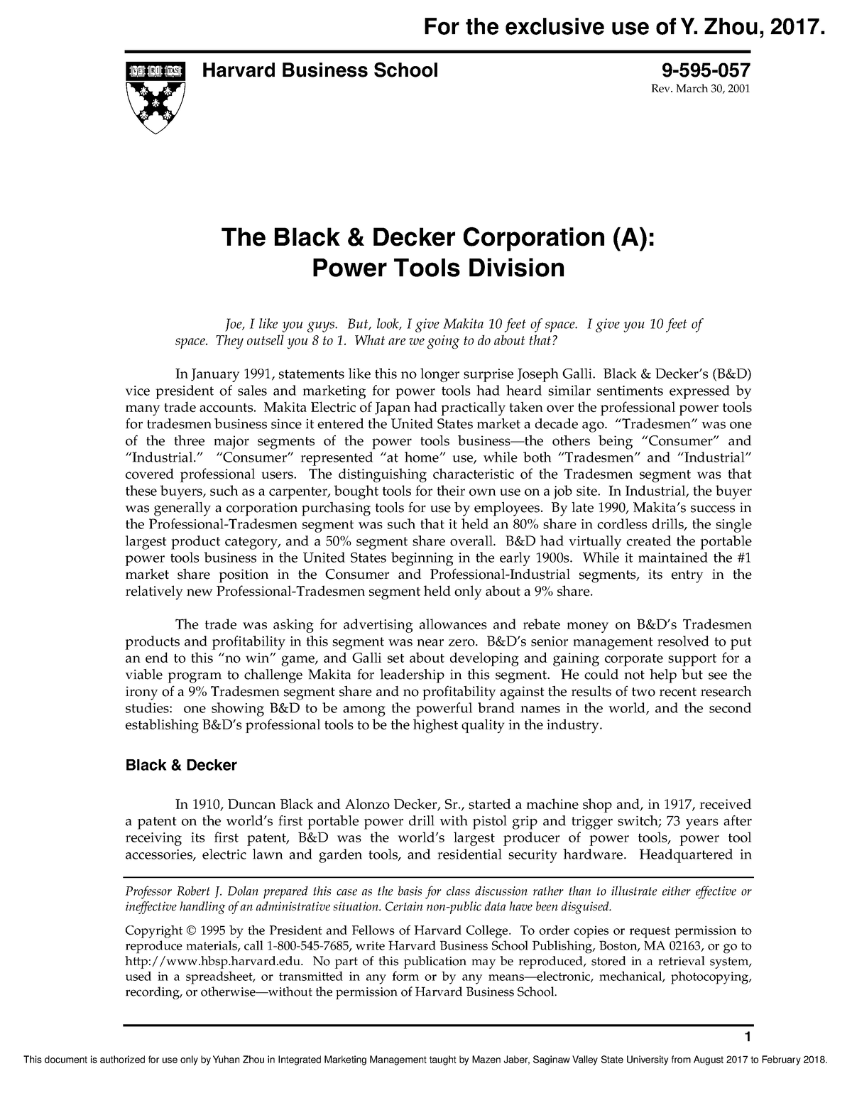 Black Decker Corp A Power Tools Division Harvard Business School