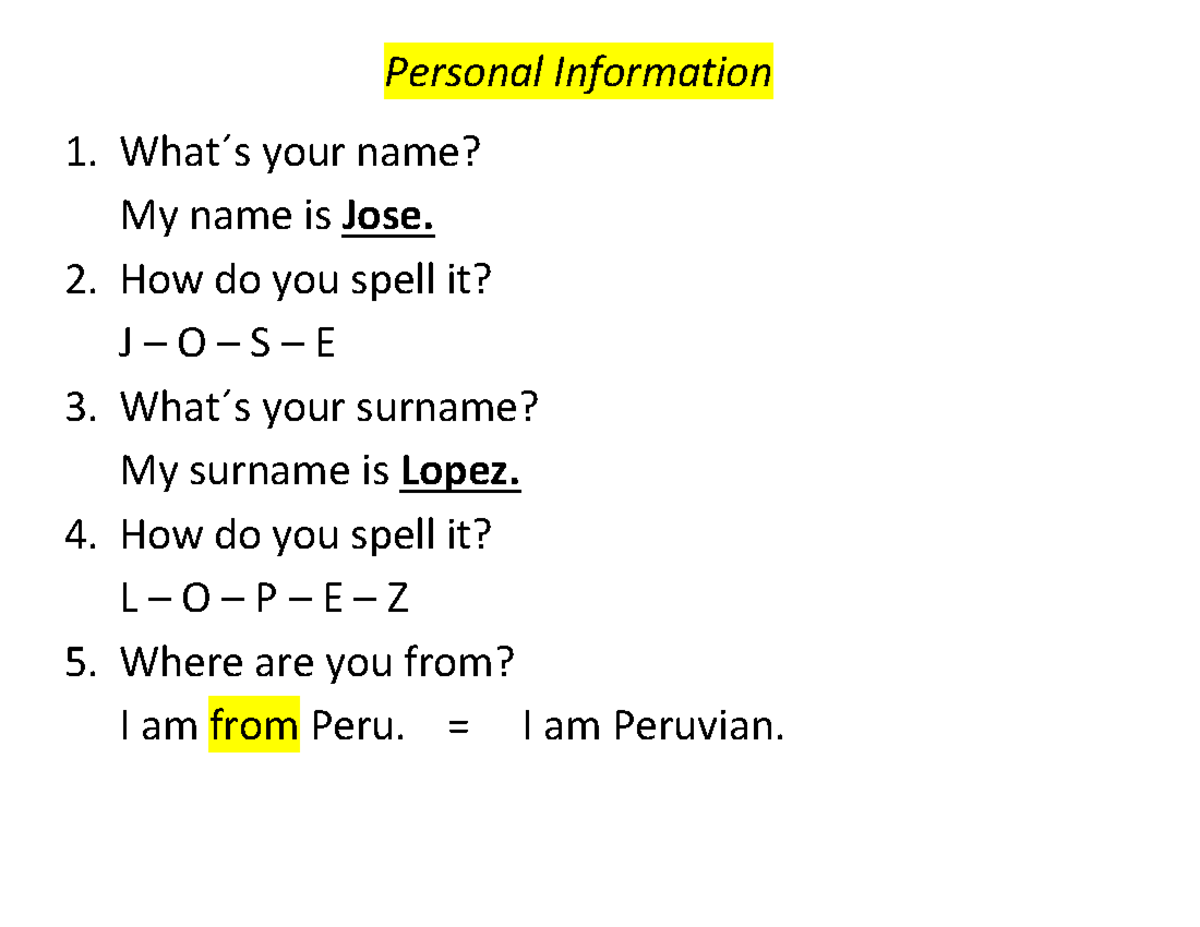 Clase - Semana 1 - Ingles I - Personal Information What ́s your name ...