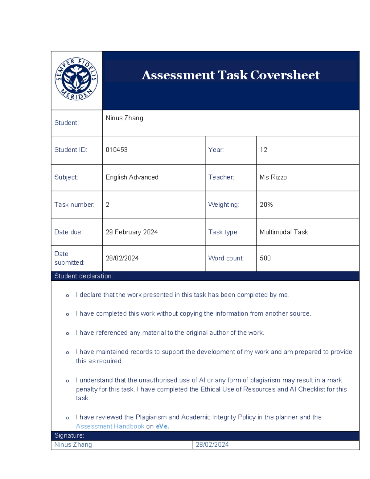english meriden 2024 Assessment Task Coversheet Student Ninus Zhang