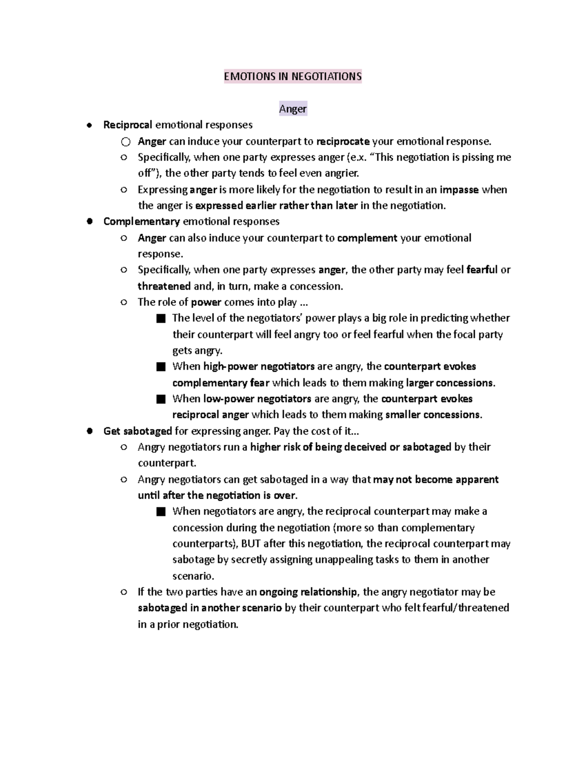 Negotiations Exam 2 Study Guide - EMOTIONS IN NEGOTIATIONS Anger ...