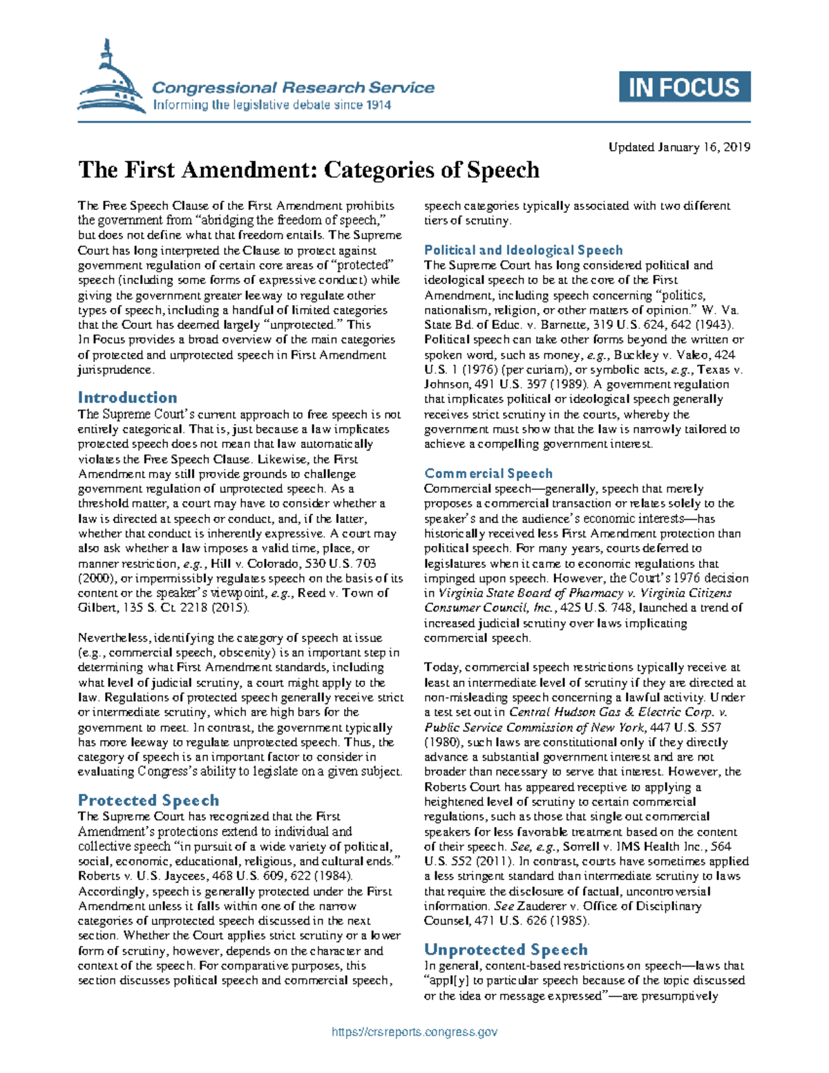 The First Amendment Categories of Speech - crsreports.congress Updated ...