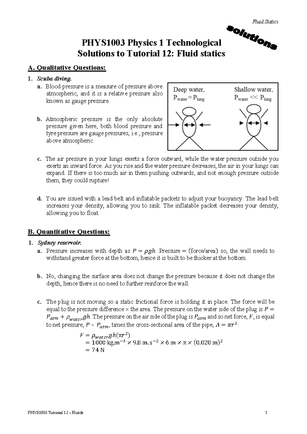 Tute12Tec S - phys1003 tutorial ans week 13 - Fluid Statics PHYS 1003 ...