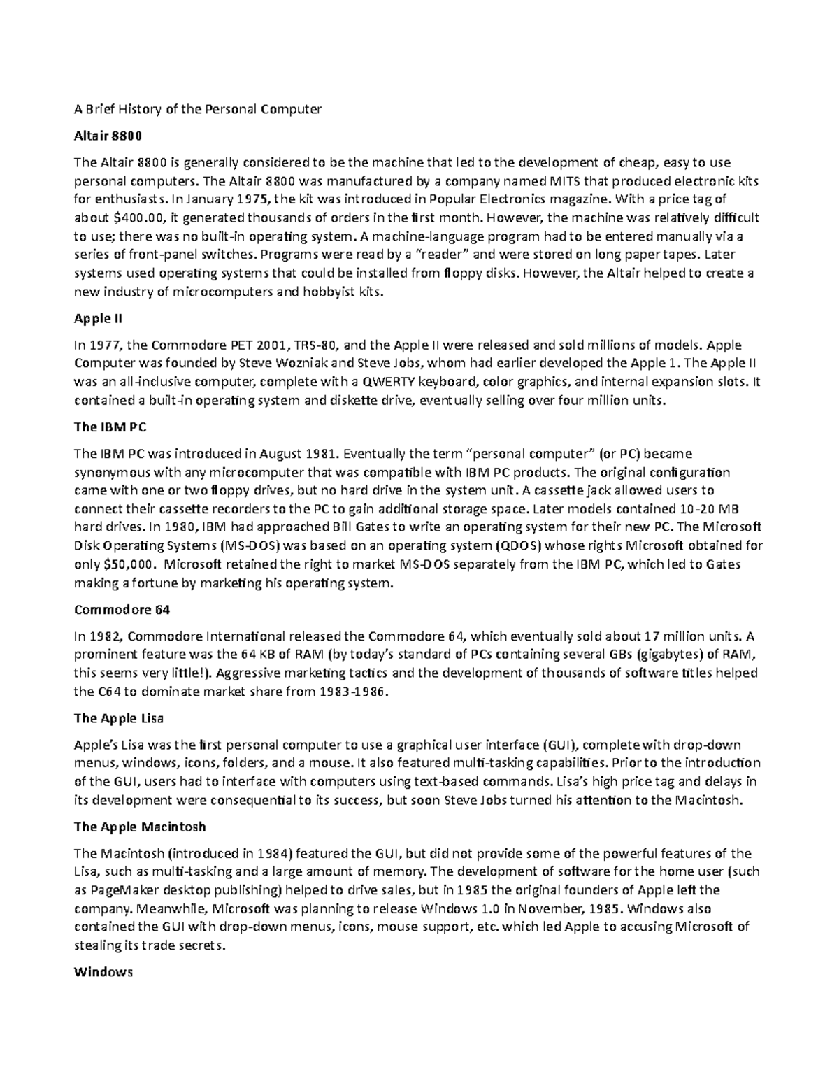 W04d1Computers - Computers Text - A Brief History of the Personal ...