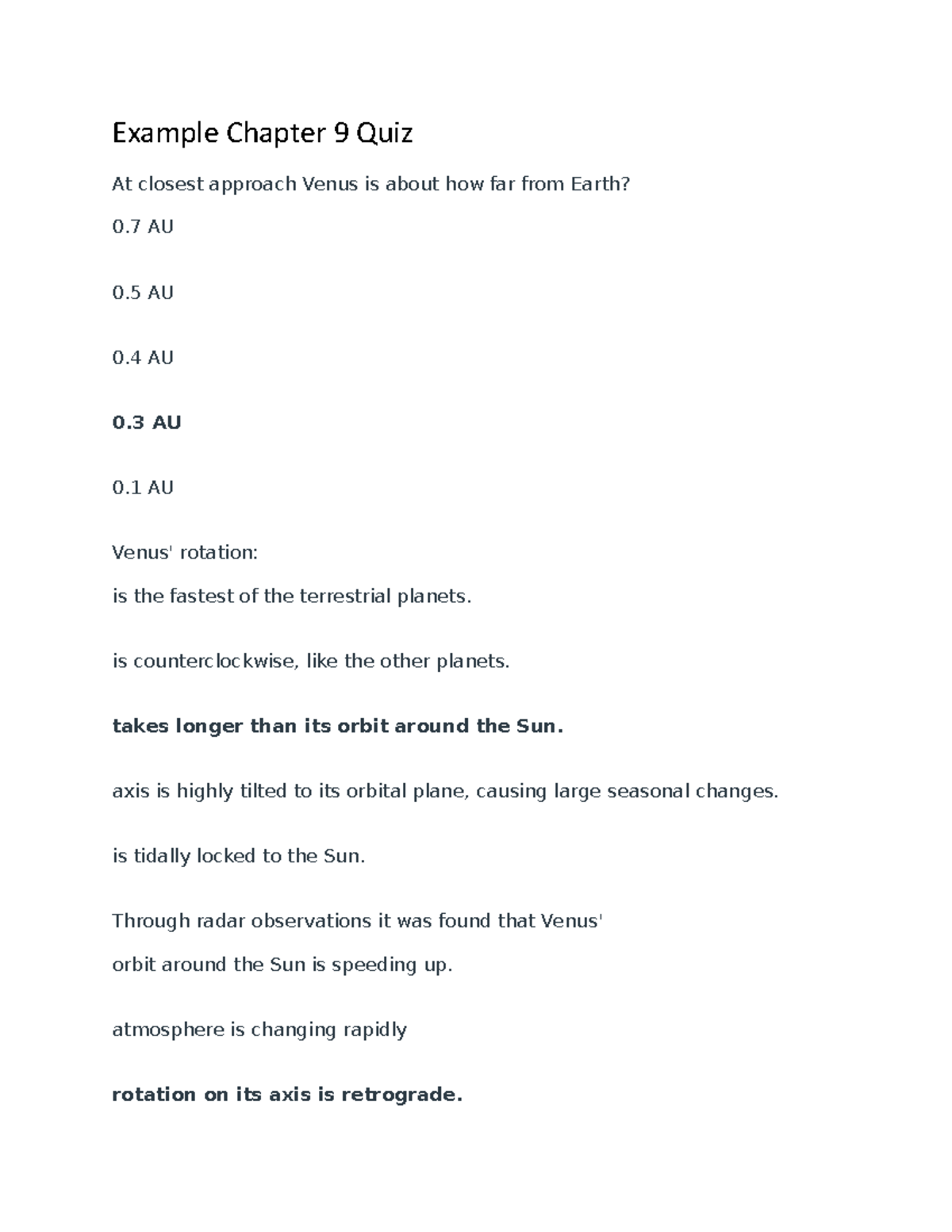Example Quiz for Chapter 9 - Example Chapter 9 Quiz At closest approach ...