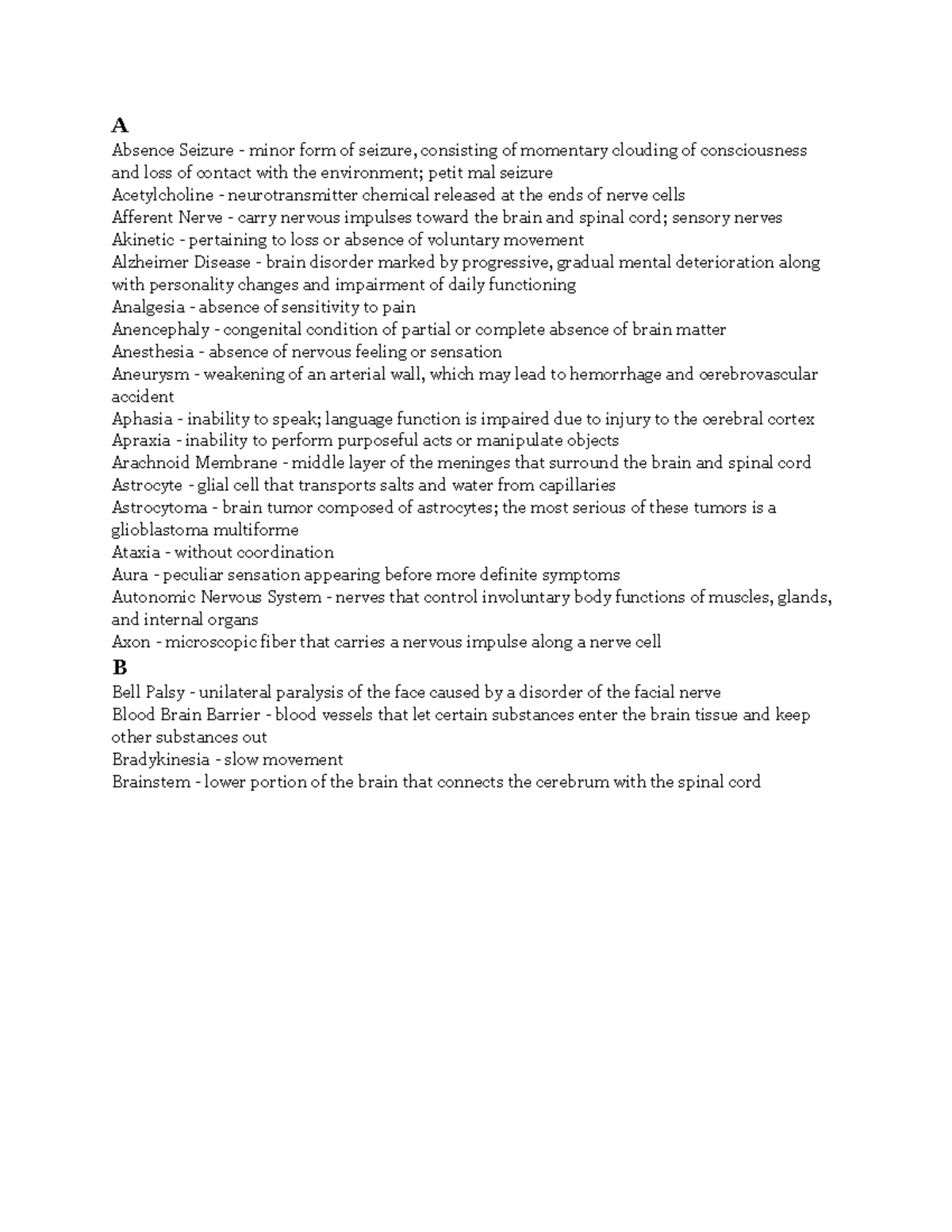 Chapter 10 Spelling Words - A Absence Seizure - minor form of seizure ...