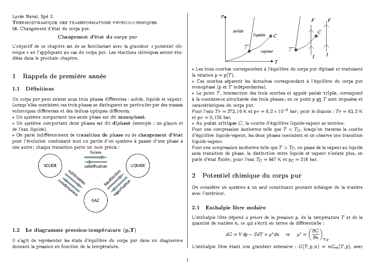 Changement d etat du corps pur cours - Lycée Naval, Spé 2