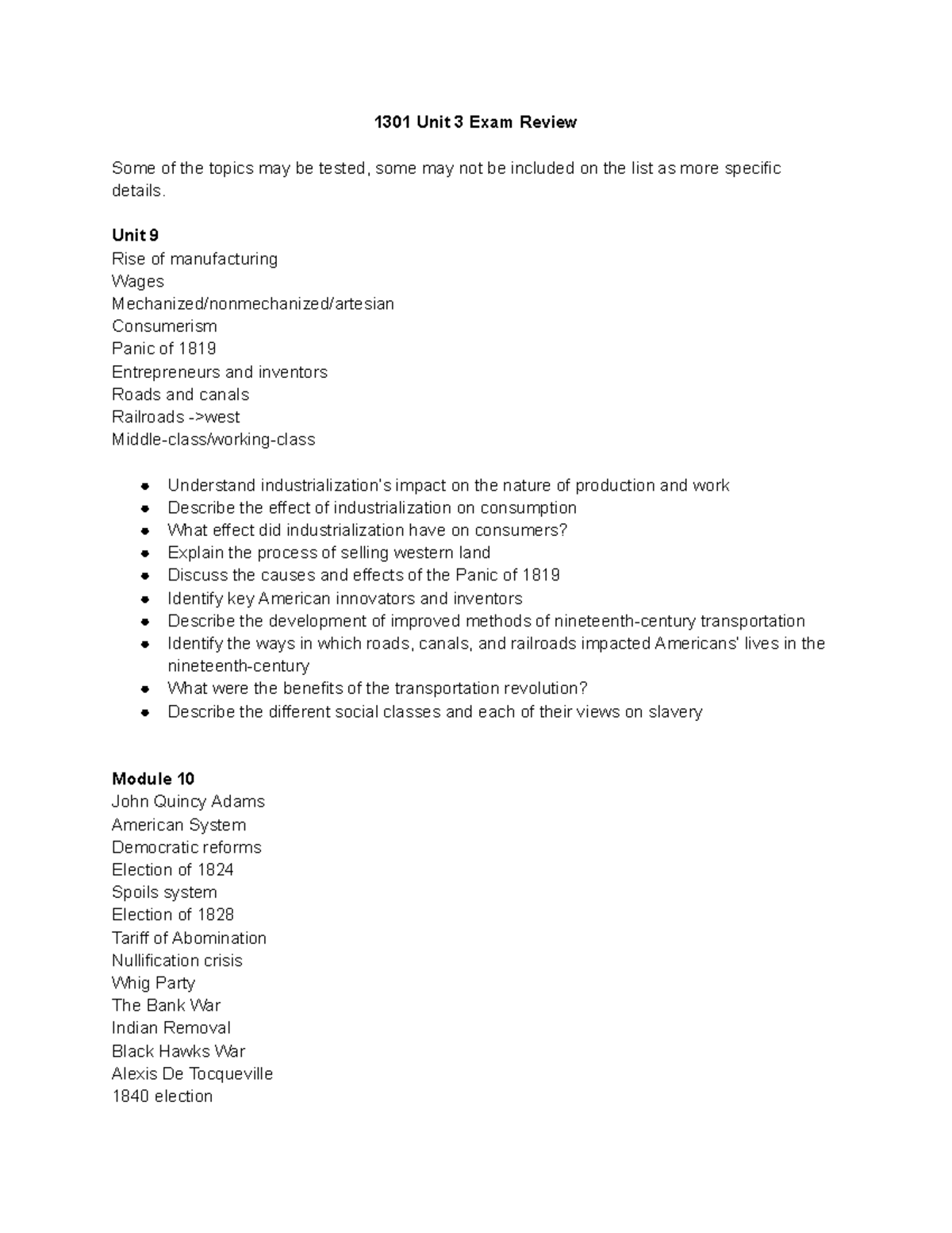 1301 Unit 3 Exam Review - 1301 Unit 3 Exam Review Some of the topics ...