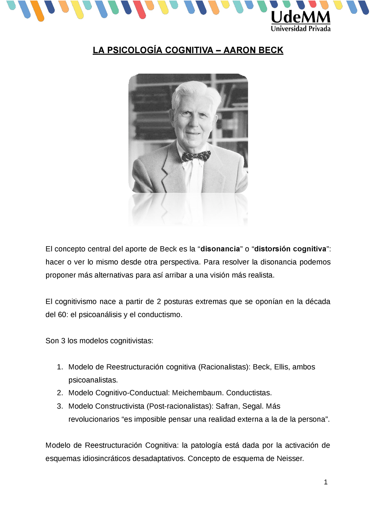 Aaron Beck - autores - 1 LA PSICOLOGÍA COGNITIVA – AARON BECK El concepto  central del aporte de Beck - Studocu