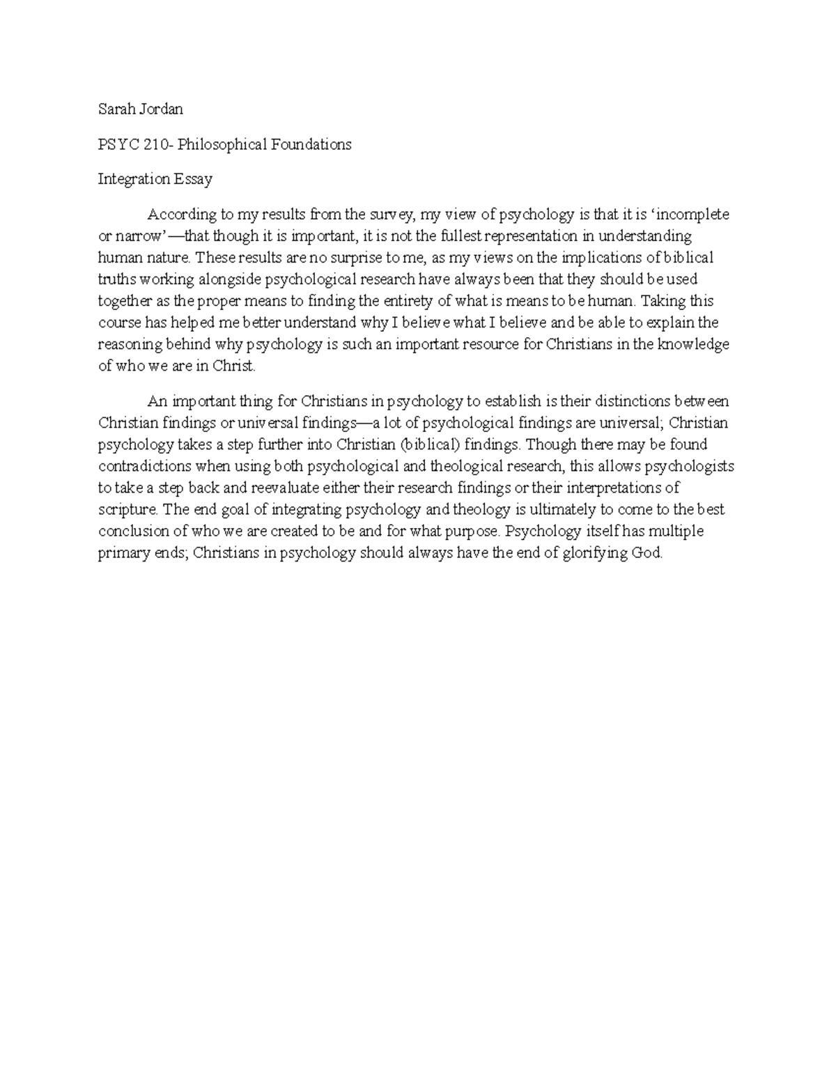 Integration Essay - Sarah Jordan PSYC 210- Philosophical Foundations ...