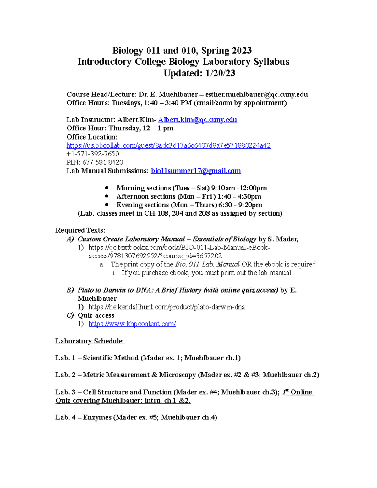 Spring 2023 Biology 011 LAB syllabus 1-20-23(1) (15) - Biology 011 and ...