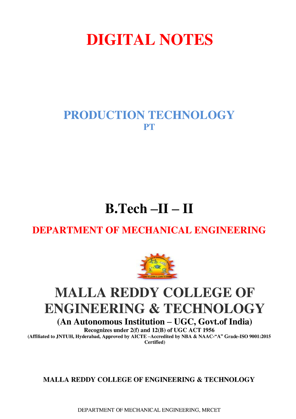 Production Technology - DEPARTMENT OF MECHANICAL ENGINEERING, MRCET ...