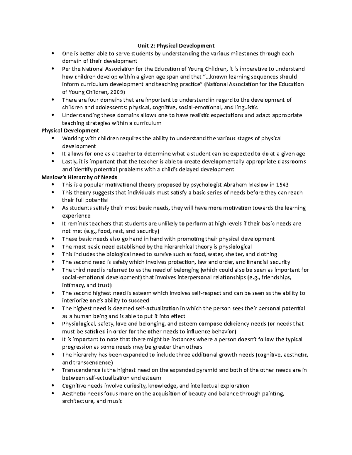 Unit 2 (Part I) - Unit 2 Notes - Unit 2: Physical Development One is ...