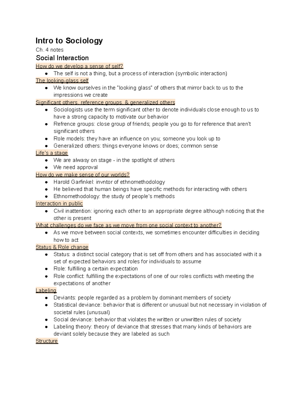 Intro To Sociology- Ch.4 Notes - Intro To Sociology Ch. 4 Notes Social ...