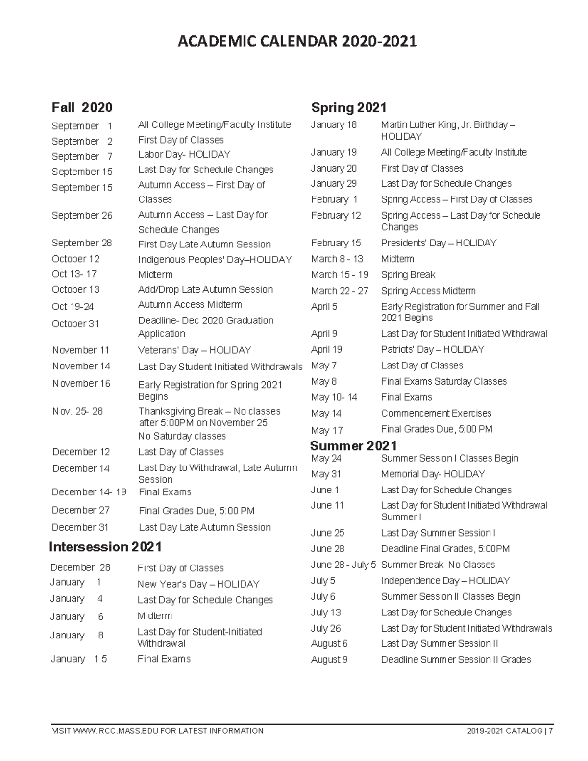 Academic Calendar 2020-2021 - VISIT WWW. RCC.MASS FOR LATEST INFORMATION 2019-2021 CATALOG | 7 Fall - Studocu