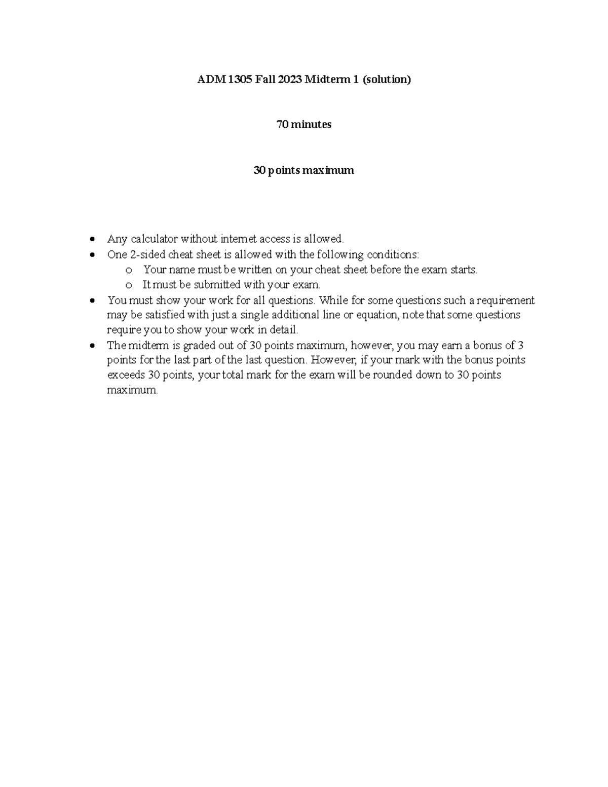 ADM 1305 Fall 2023 Midterm 2 solutions AD - ADM 1305 Fall 2023 Midterm ...