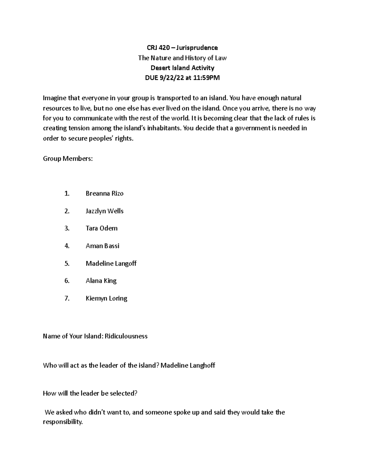 Island Activity - assignment - CRJ 420 – Jurisprudence The Nature and ...