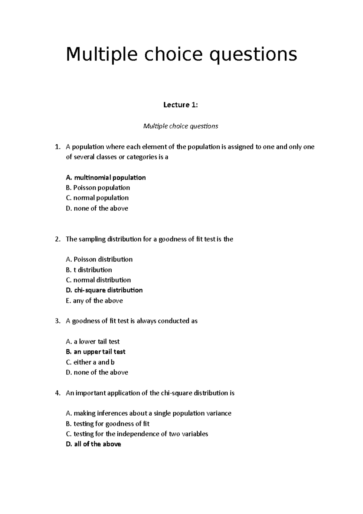 Multiple choice - Business Statistics 2 - Multiple choice questions ...