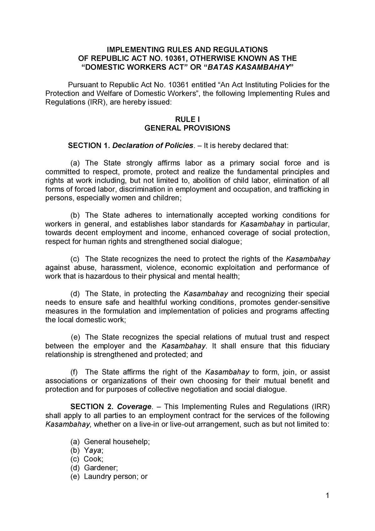 RA 10361 Kasambahay Act - IMPLEMENTING RULES AND REGULATIONS OF ...