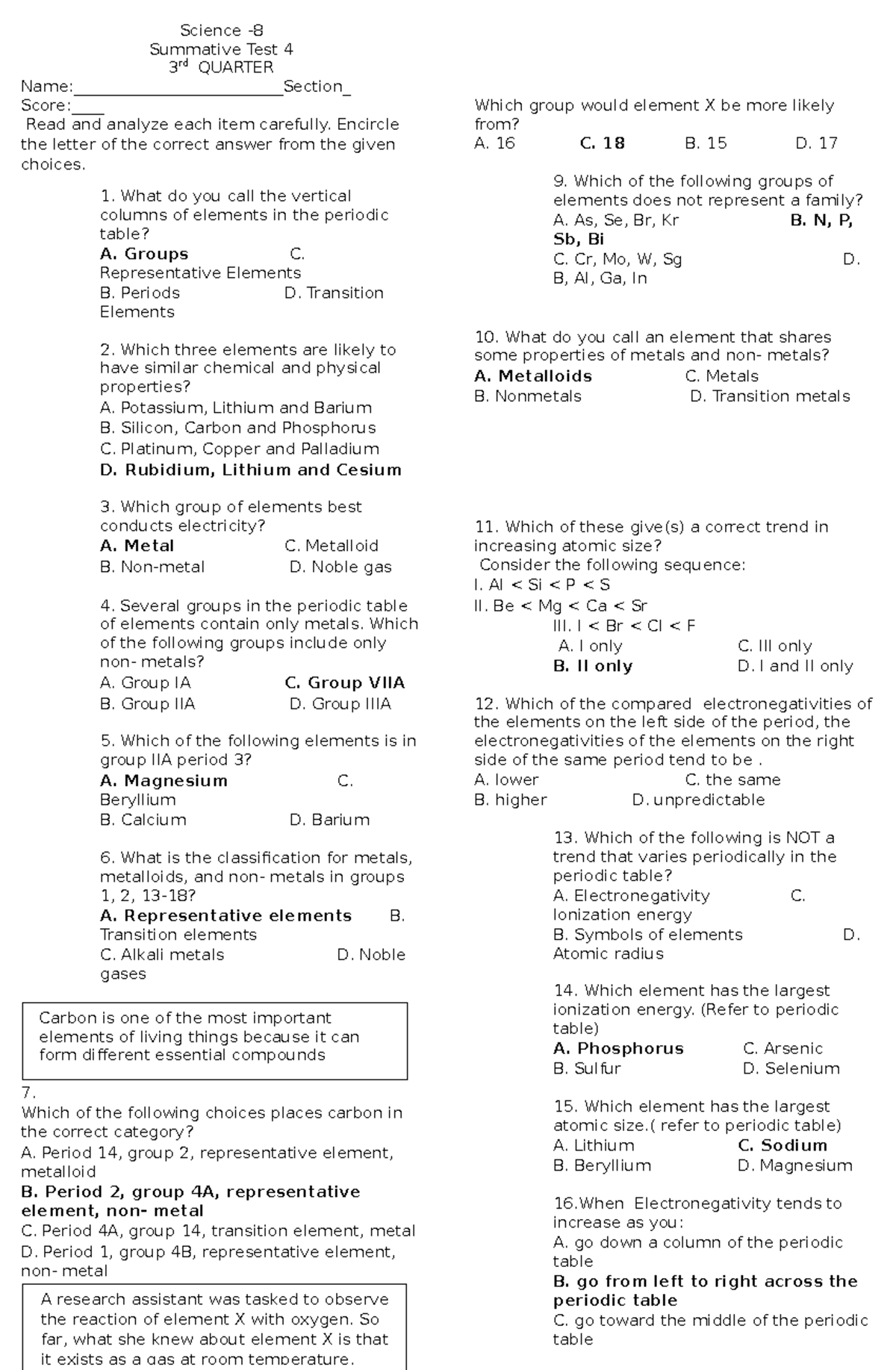 S 4 Periodic Table - none - Science - Summative Test 4 3 rd QUARTER ...