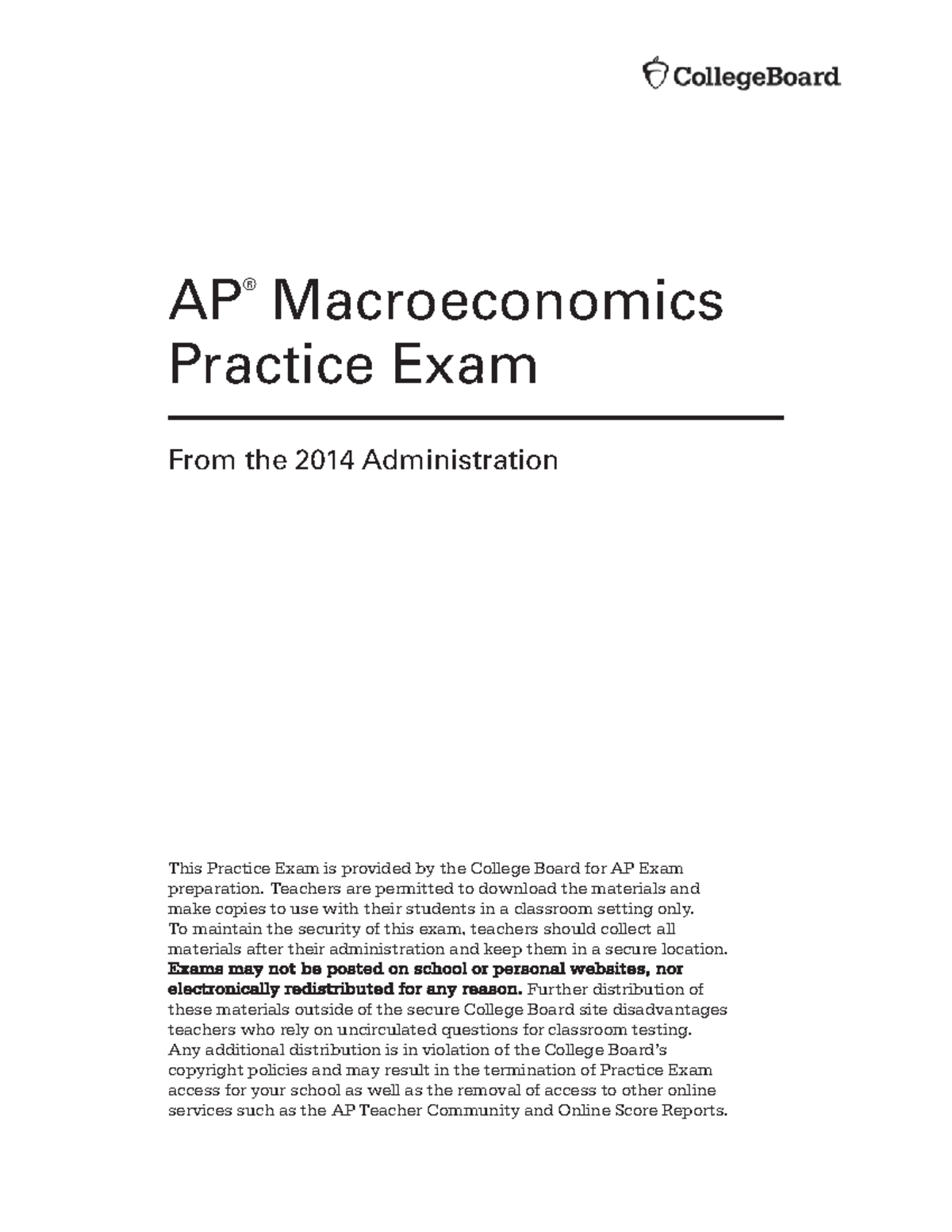 AP Macro Econ Practice Exam 2014 Multiple Choice - AP ® Macroeconomics ...