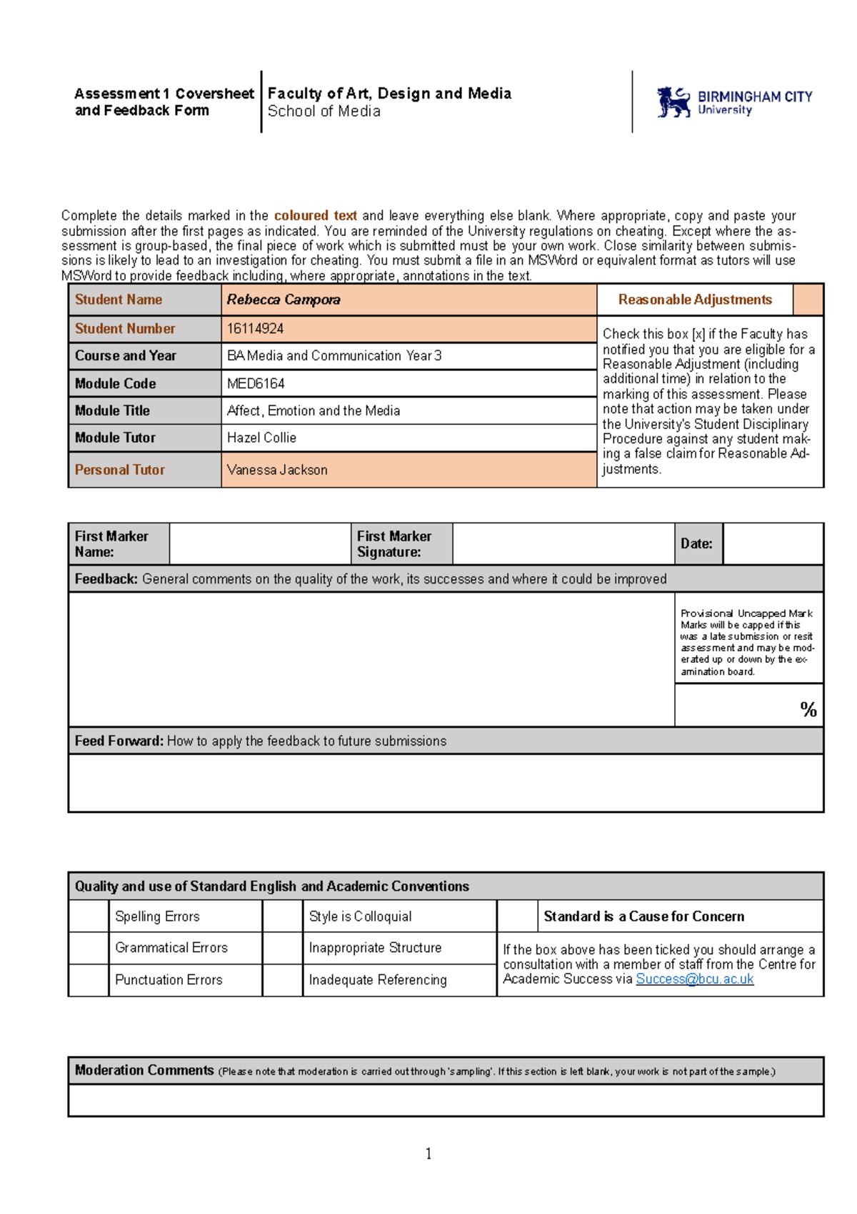 Affect and Emotion Presentation - Assessment 1 Coversheet and Feedback ...