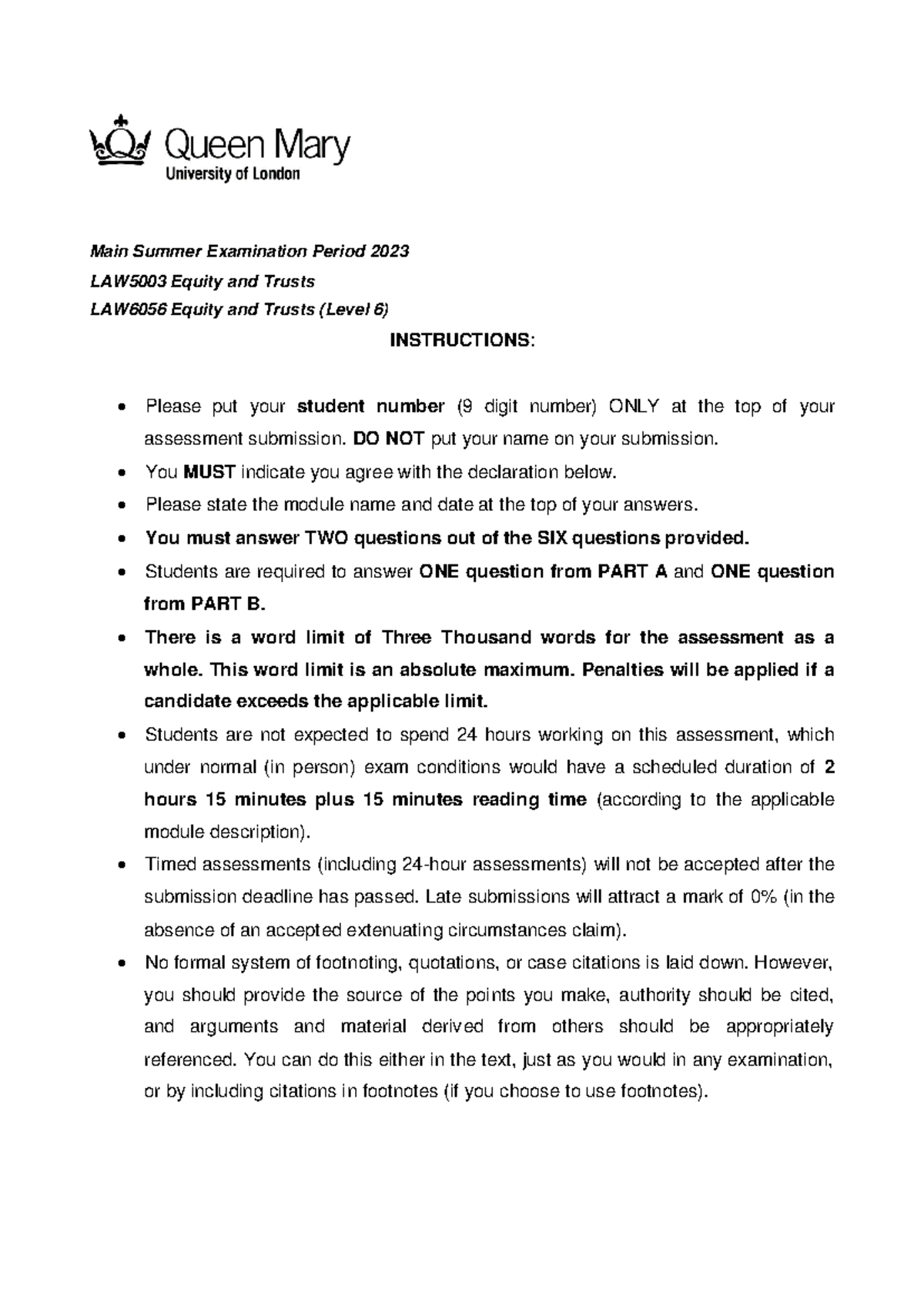 LAW5003-6056 Equity Law Exam Paper May 2023 Final - Main Summer ...