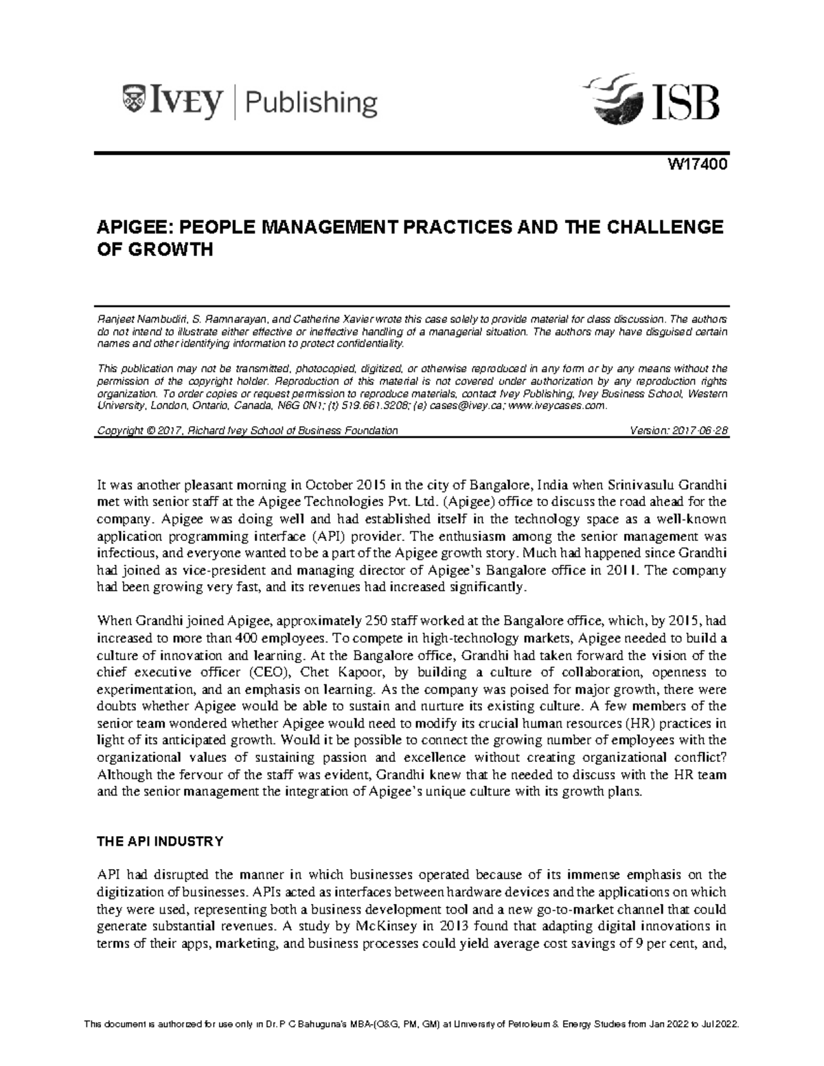 Case 1 Apigee - notes - W APIGEE: PEOPLE MANAGEMENT PRACTICES AND THE ...