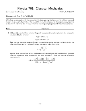 Hw2 - Homework assignment 2 - Physics 701: Classical Mechanics Thornton ...