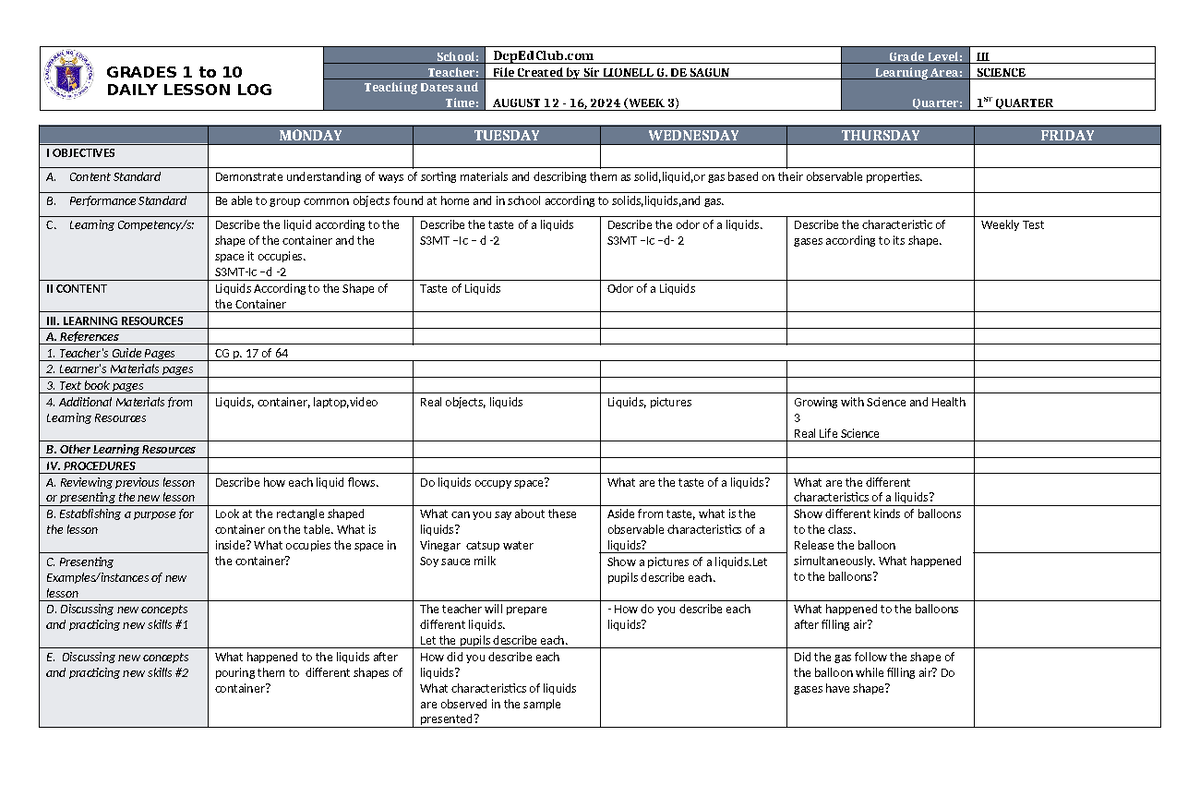 DLL Science 3 Q1 W3 - GRADES 1 to 10 DAILY LESSON LOG School: DepEdClub ...