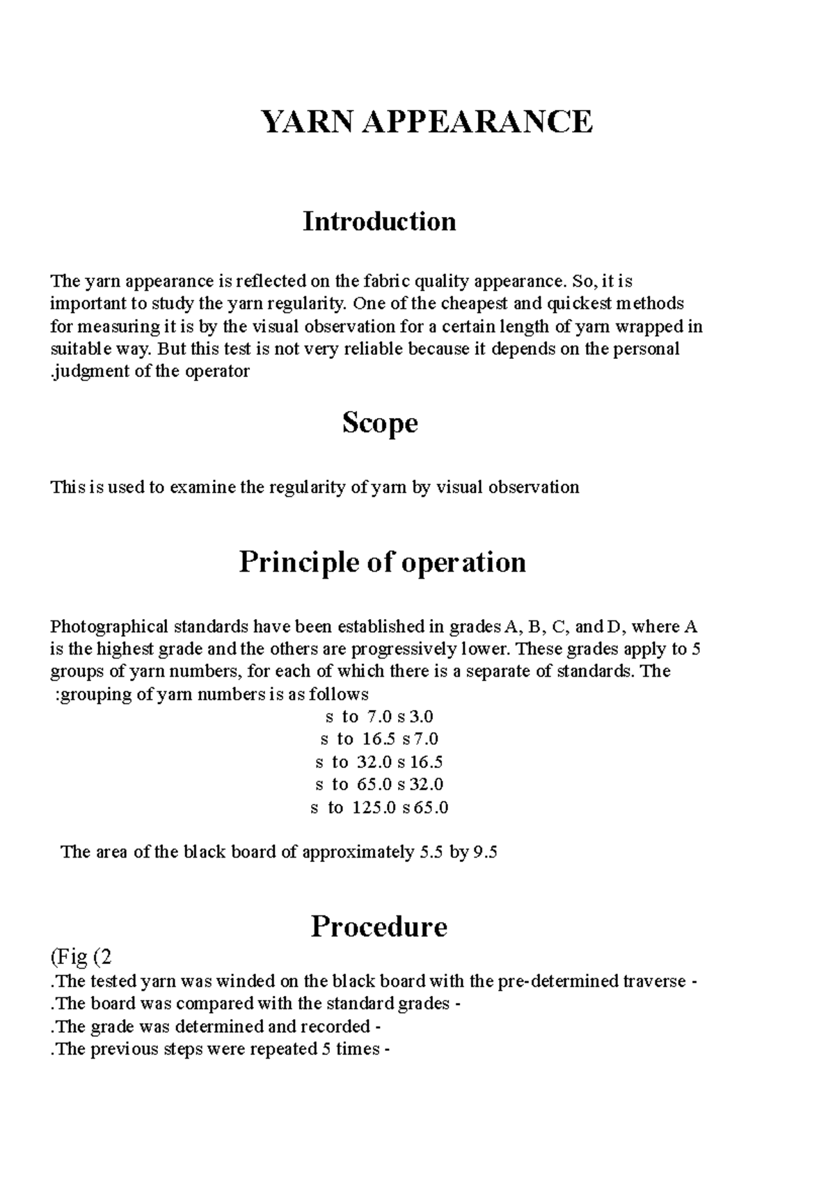 YARN Appearance test for fabrics - YARN APPEARANCE Introduction The ...