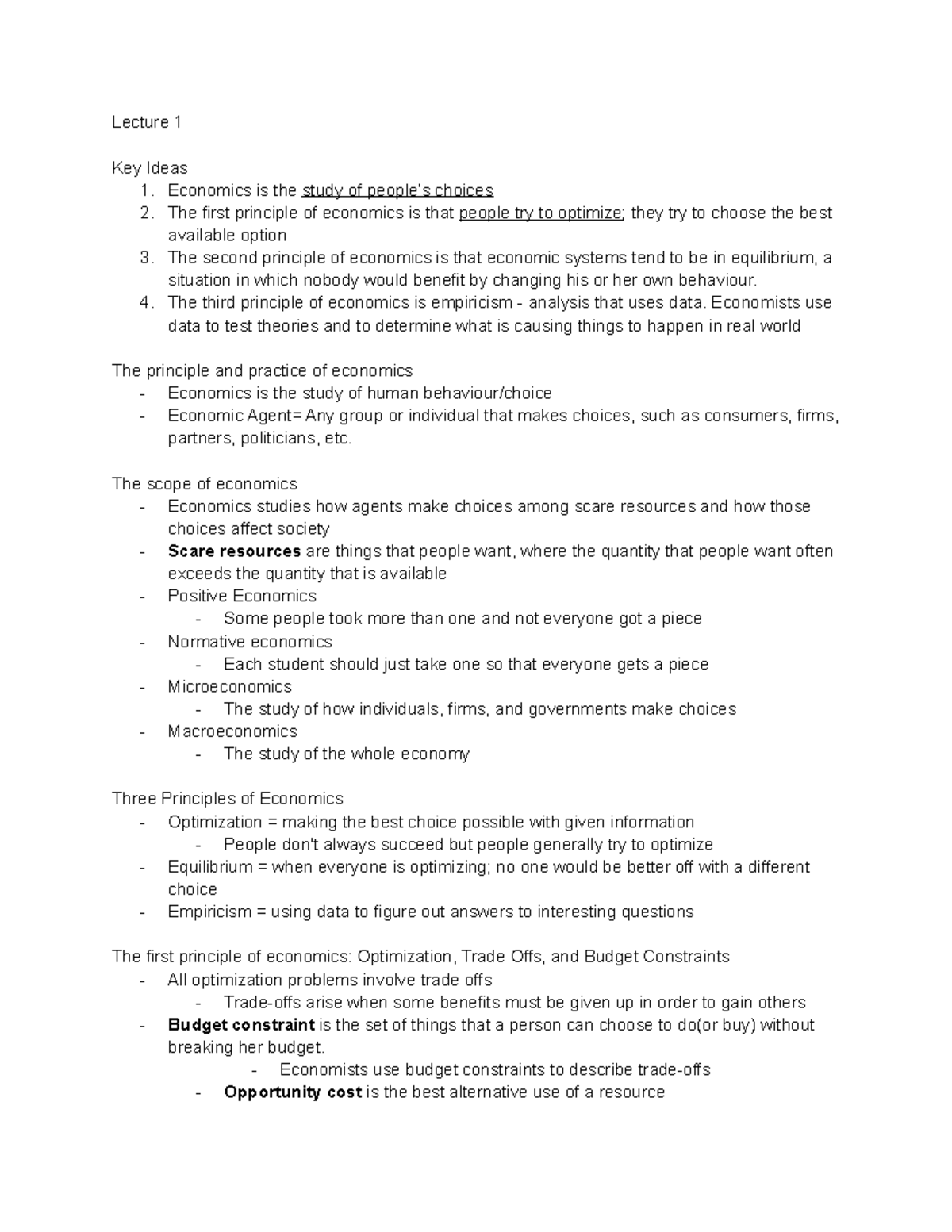 ECN 104 Lecture Notes - Lecture 1 Key Ideas 1. Economics is the study ...