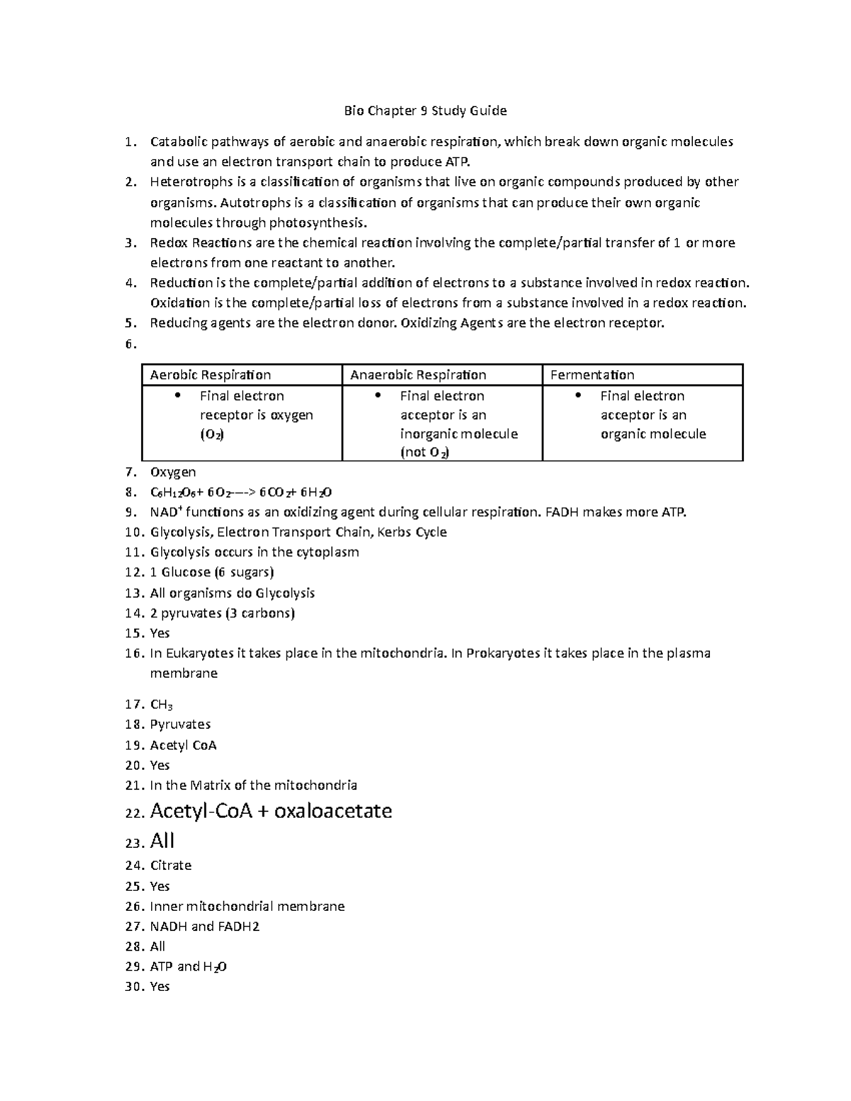 Chapter 9 study guide - Cellular Respiration notes for exam 2, Dr.Kent ...