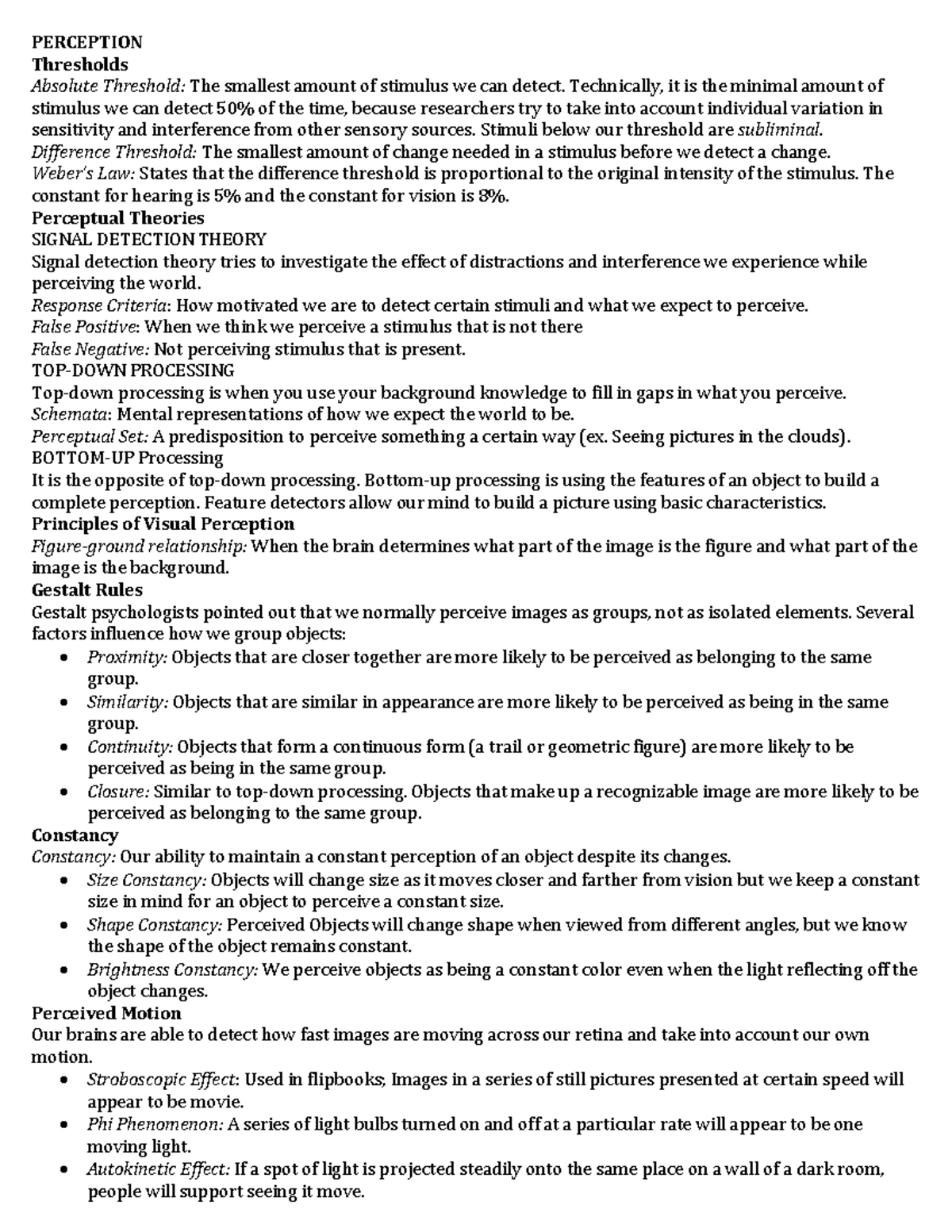 AP Psychology 1212 PERCEPTION Thresholds Absolute Threshold The