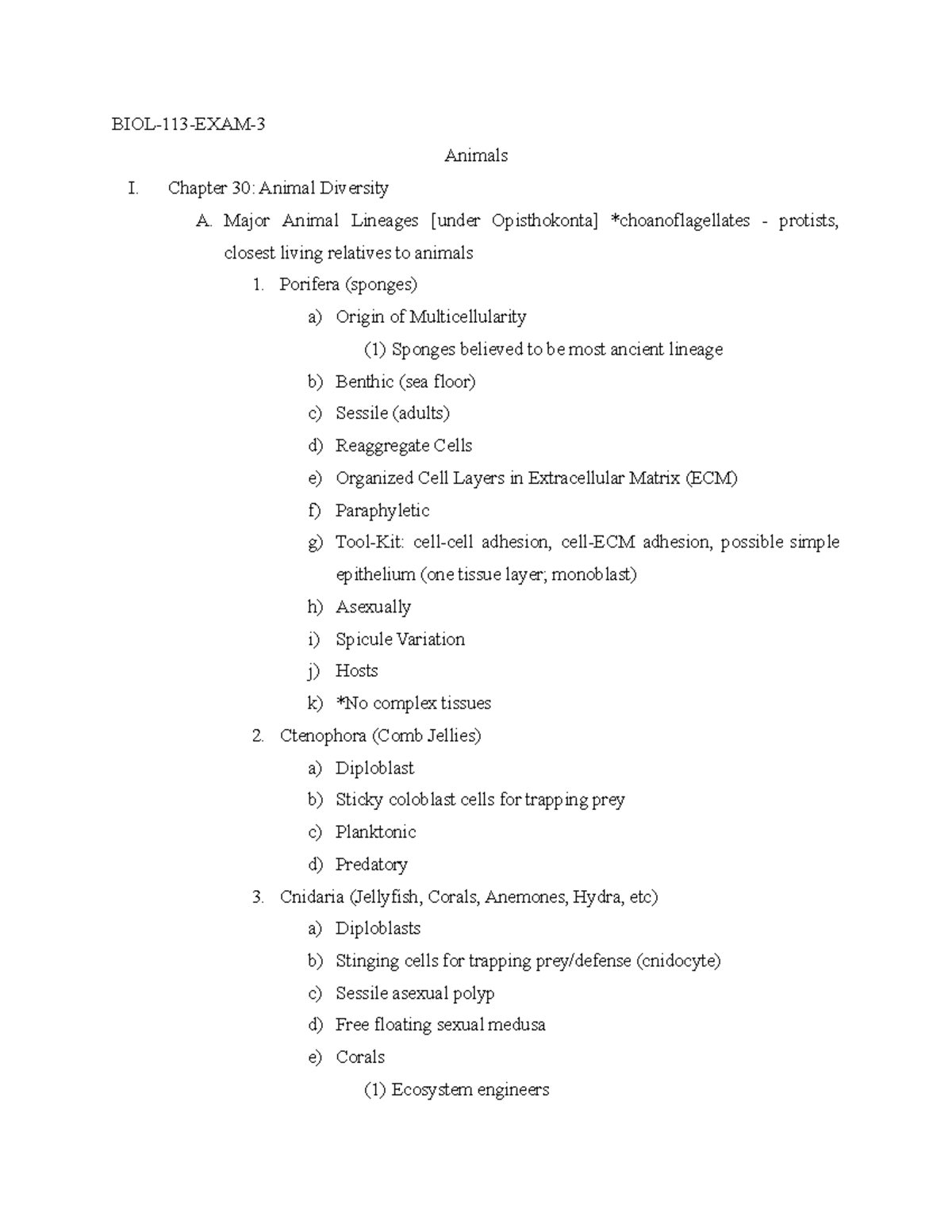 BIOL 113 Exam 3 Study Guide - BIOL-113-EXAM- Animals I. Chapter 30 ...