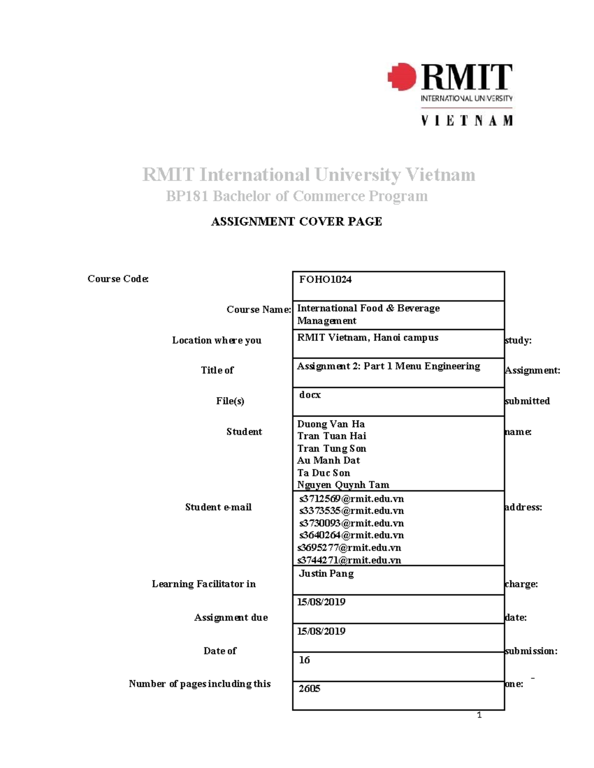 Assignment 2 Group - RMIT International University Vietnam BP181 ...