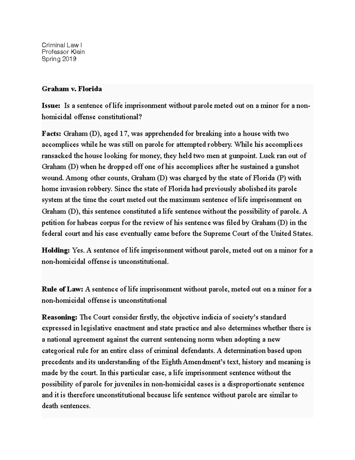 Case Analysis on Life Imprisonment - Criminal Law I Professor Klein ...