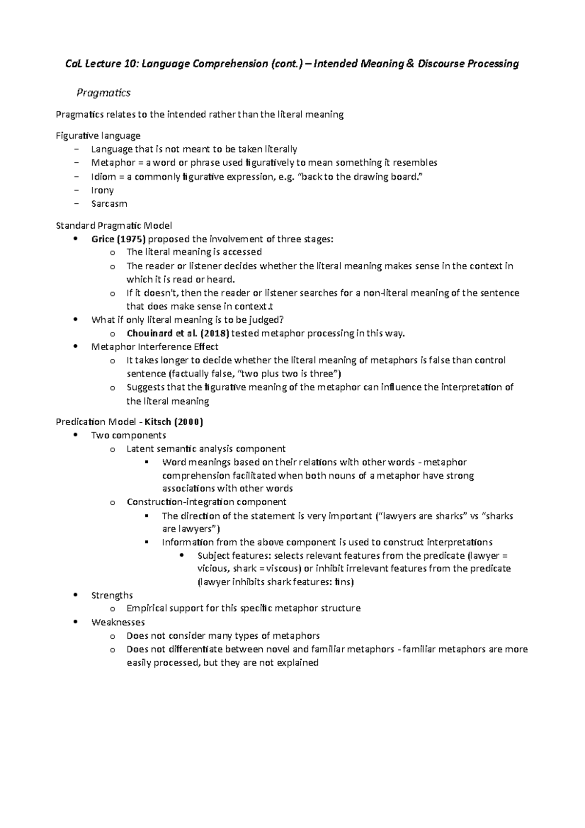 Language Comprehension (continued) - ) – Intended Meaning & Discourse ...