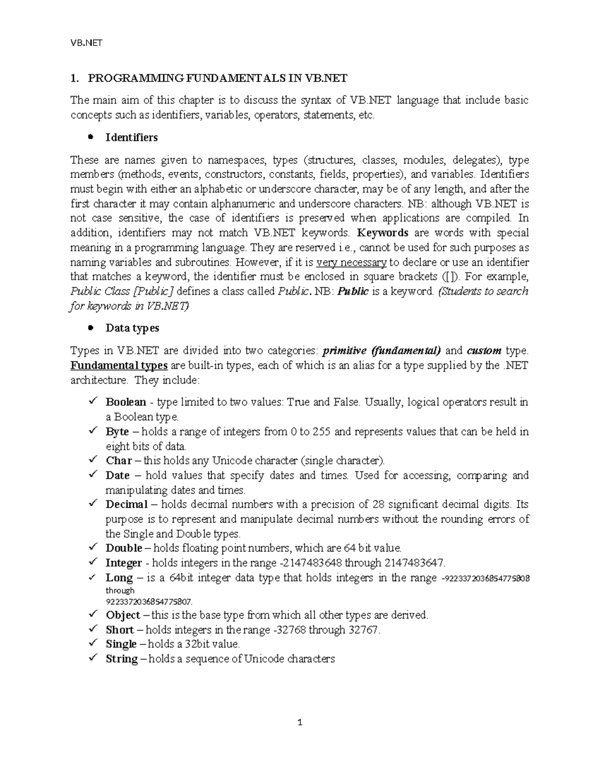 Fundamentals OF VB.NET AND Control Structures Notes - 1. PROGRAMMING ...