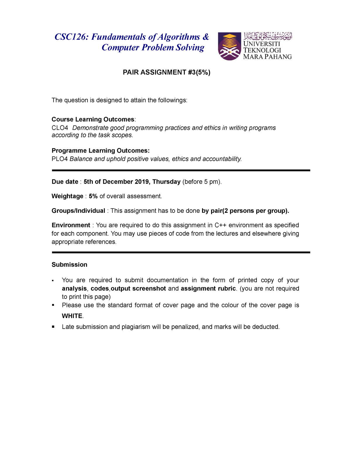 Csc126 Pair Assignment Introduction To Programming Studocu