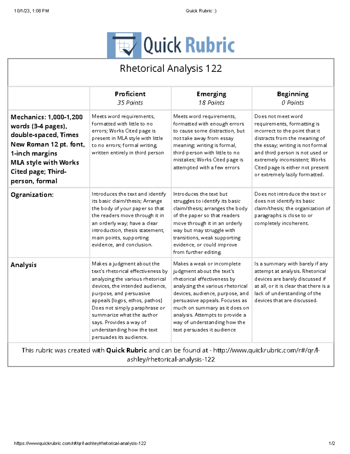 Quick Rubric ) - font, 1-inch margins MLA style with Works Cited page ...