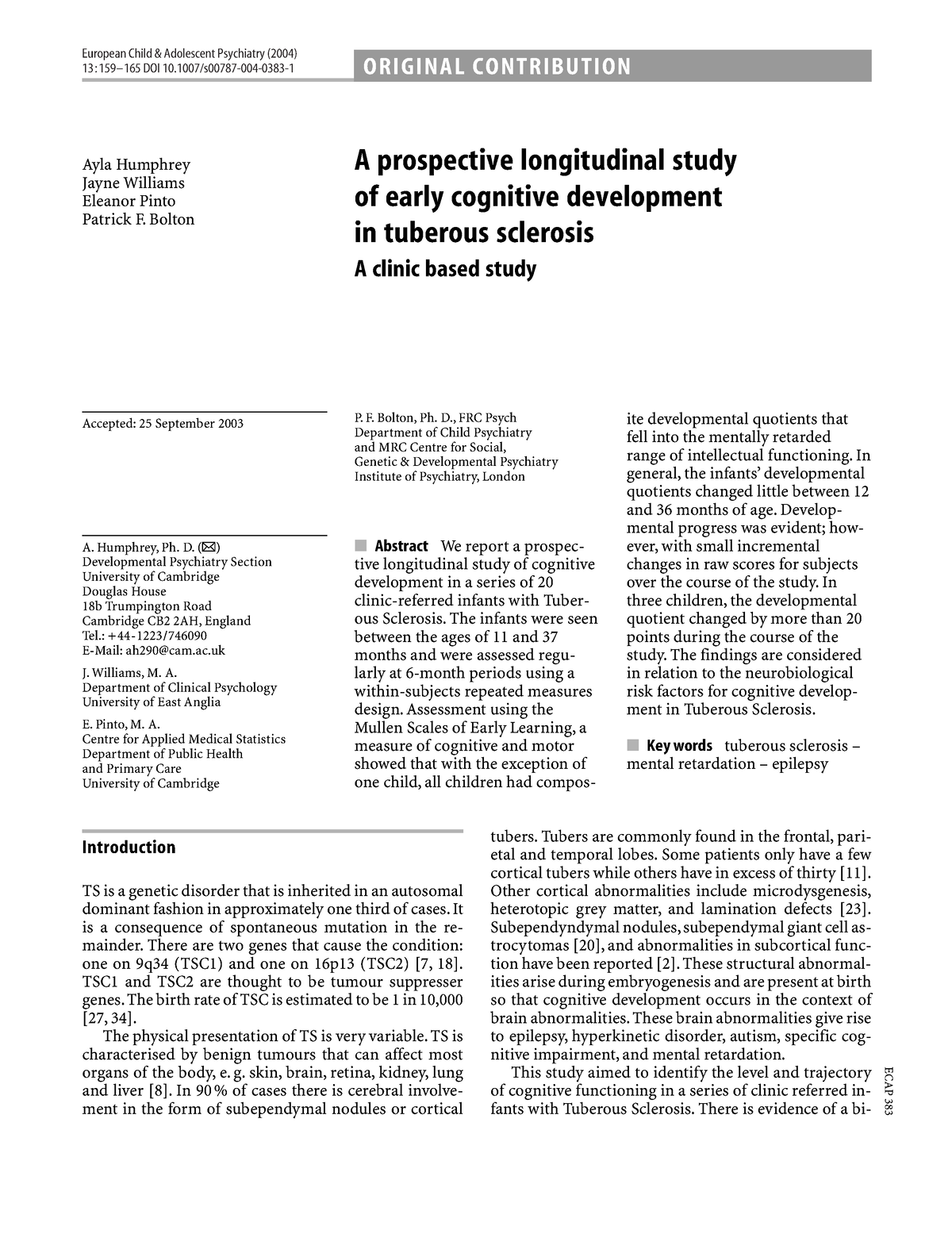 A Prospective Longitudinal Study Of Earl - European Child & Adolescent ...