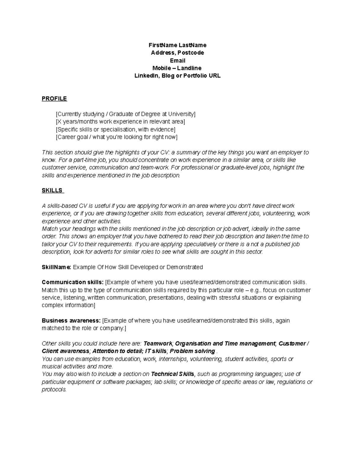 CV builder template skills 2 - FirstName LastName Address, Postcode ...