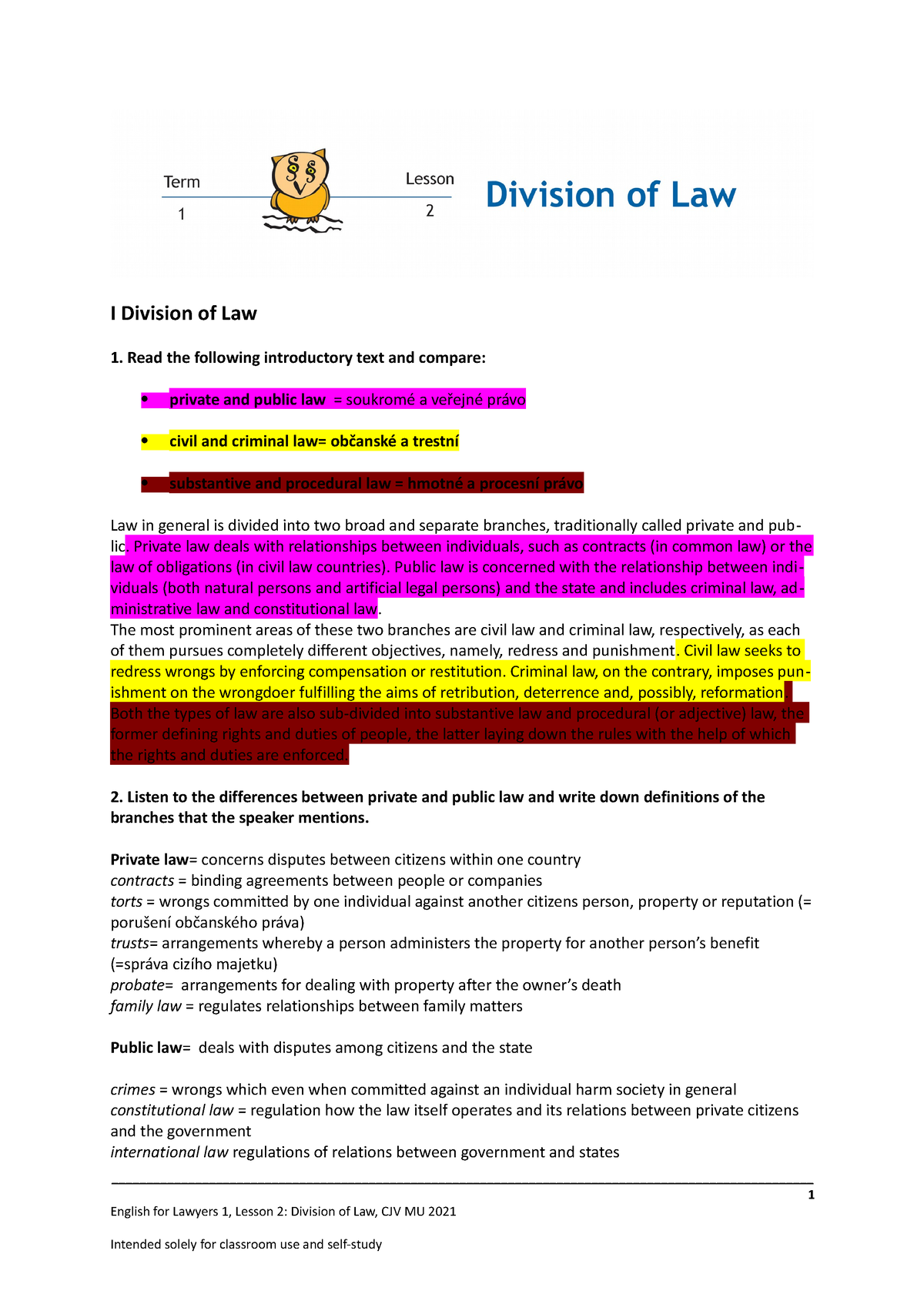 Lesson 02 Division Of Law - I Division Of Law Read The Following ...