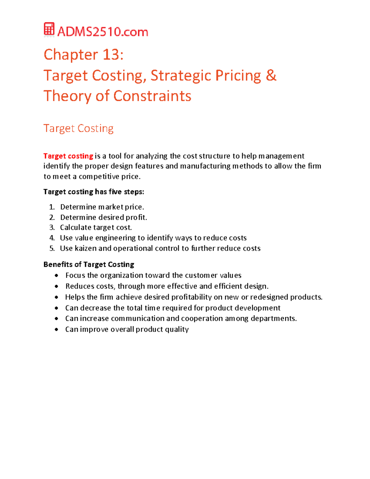 Chapter 13 Target Costing Strategic Pricing and Theory of Constraints ...