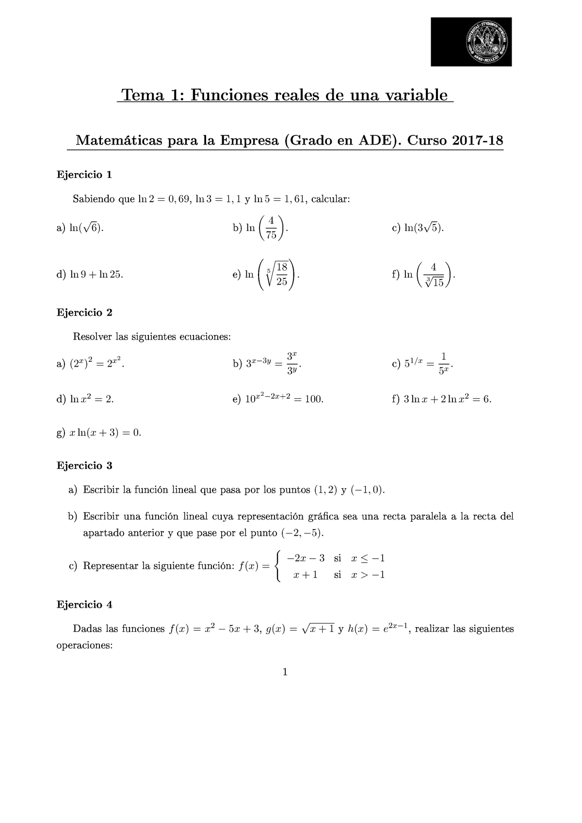 Prob Tema1-2 - Problemas Propuestos Temas 1 Y 2 - Tema 1: Funciones ...