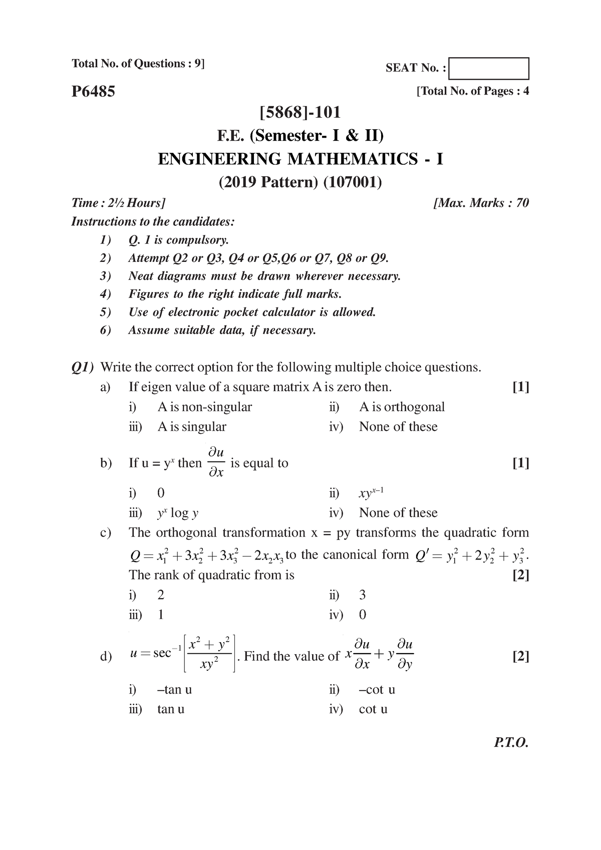 F.E ( 2019 Pattern ) - Total No. of Questions : 9] [Total No. of Pages ...