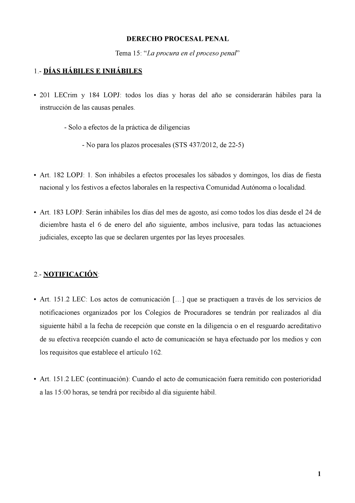 Esquema Tema 15 - DERECHO PROCESAL PENAL Tema 15: “La Procura En El ...