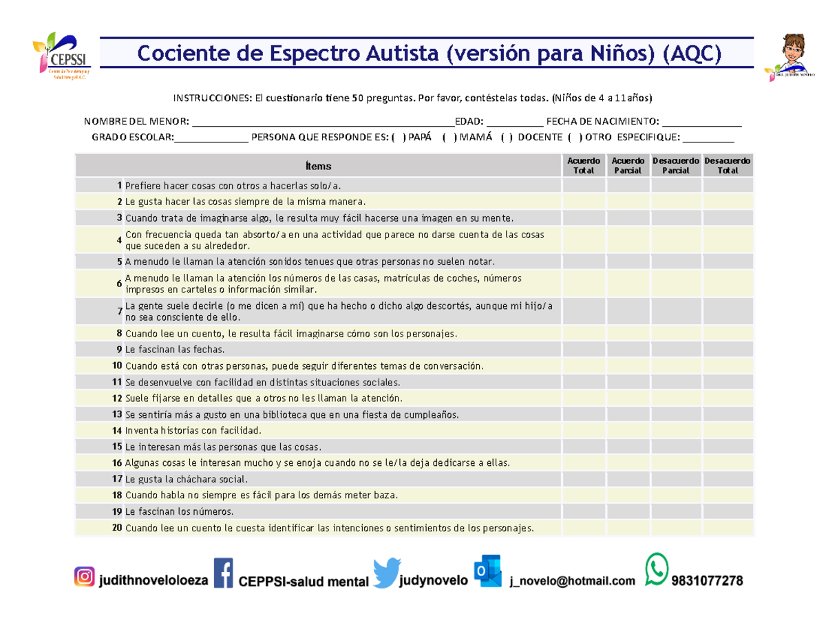 Cociente De Espectro Autista Versión Para Niños Aqc